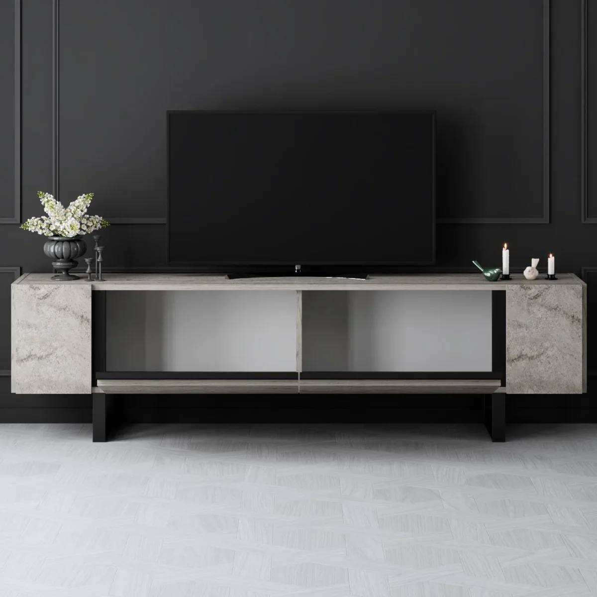 Meuble TV en travertin Yildiz 180x50x30 - Cadre noir – Image 4