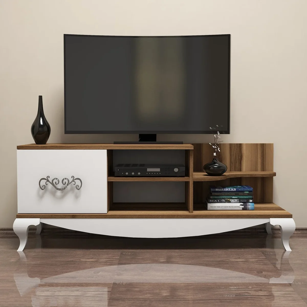 Meubles télévisés sultan noyer blanc mélamine 130x50.6x45 cm – Image 3