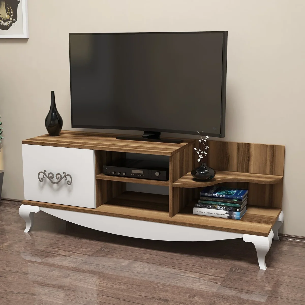 Meubles télévisés sultan noyer blanc mélamine 130x50.6x45 cm – Image 4