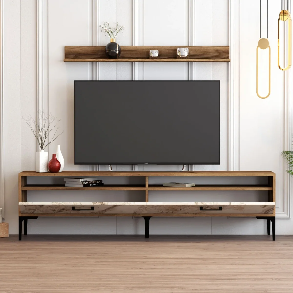 Ensemble de meubles télévisés Istanbul Walnut Marbre blanc mélamine 180x47x35 cm – Image 4