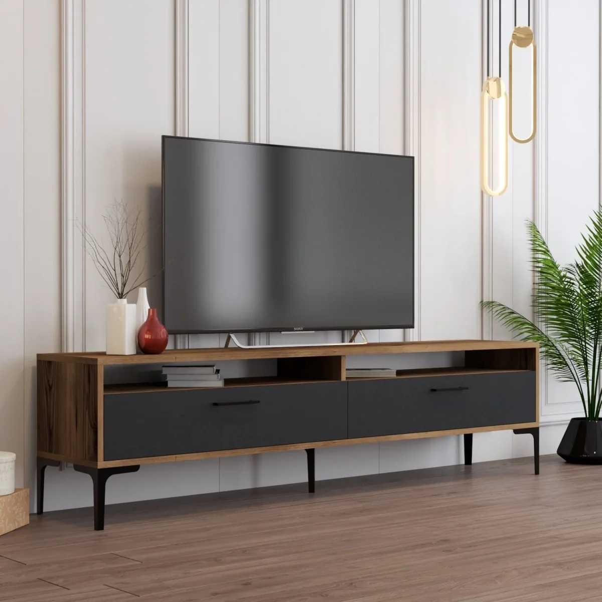 Ensemble de meubles télévisés Gebze Walnut Anthracite Mélamine 180x35x47 cm – Image 4