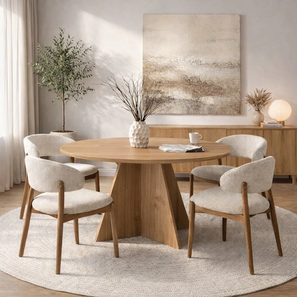 Table à manger ronde Mary en mélamine décor chêne – 125 cm – Image 2