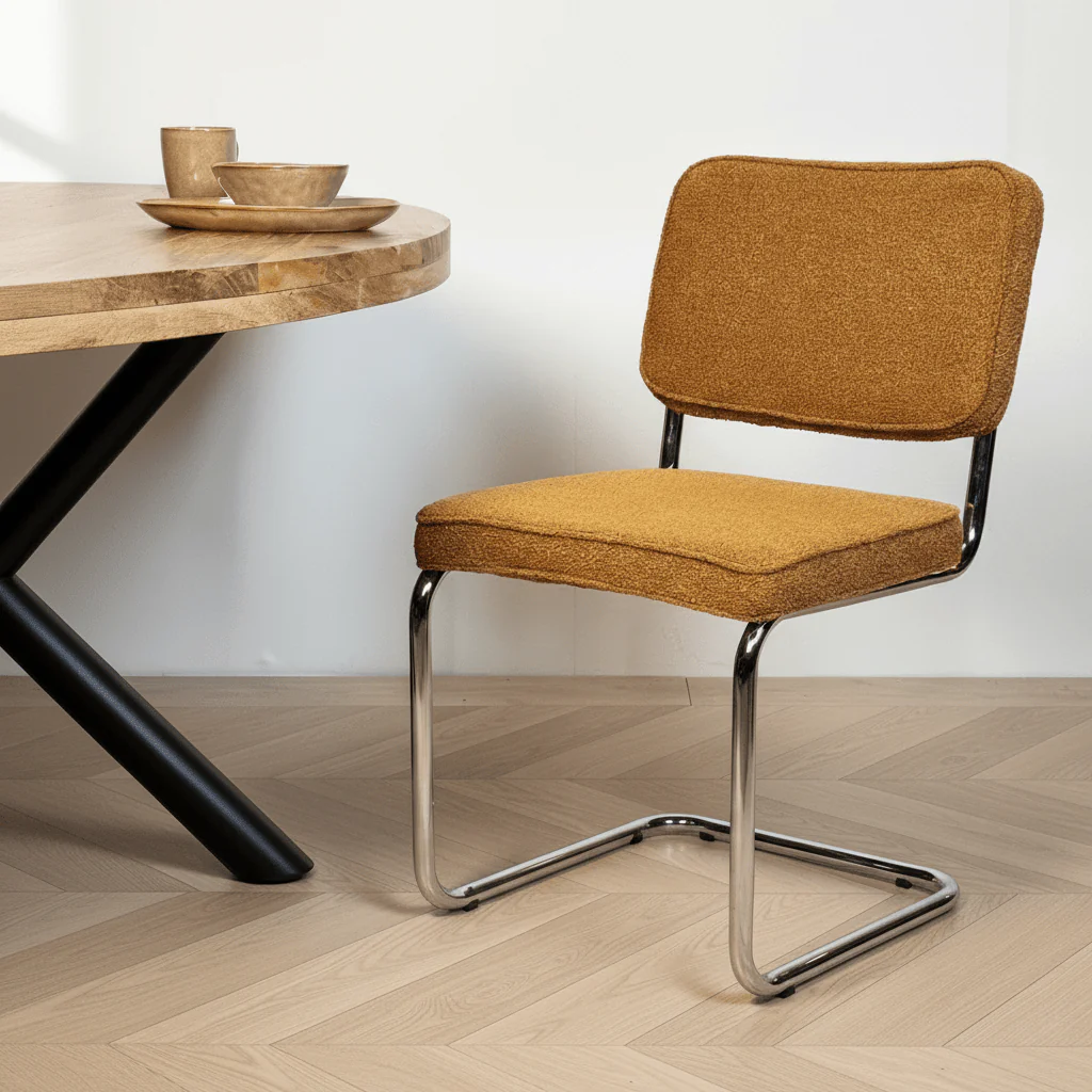 Chaise de salle à manger moderne en tissu bouclé cuivre Sway - cadre en chrome - sans accoudoirs