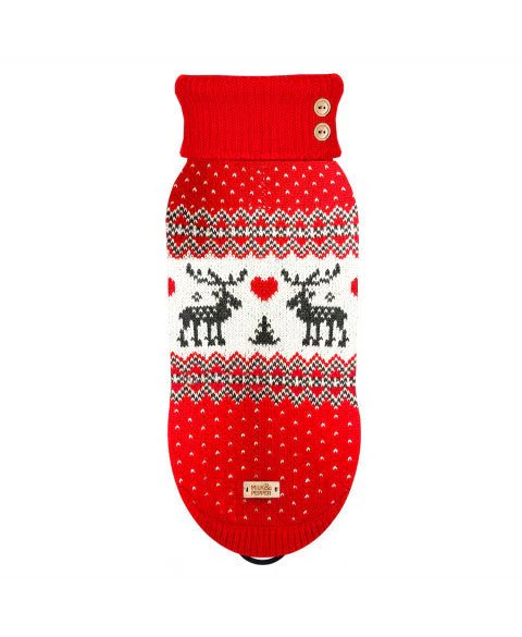 Pull de Noël Fergus – Jacquard festif rouge & écru pour chien